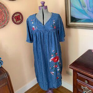 VTG National L Denim Dress Loose Fit Floral Embroidery Pockets 100% Cotton Boho